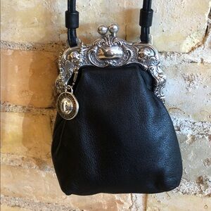 Brighton One World vtg rare black leather kisslock coin purse